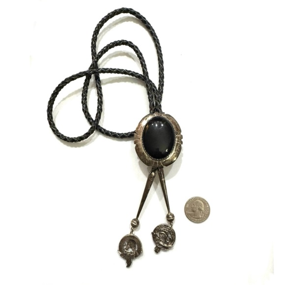 Signed - Charlie John Navajo. Vintage Onyx Sterling Silver Bolo with Tips